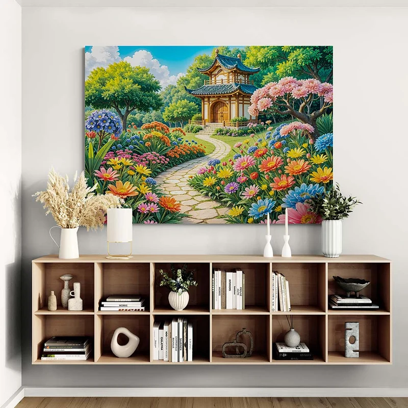 5D Diamond Painting - Blütenpfad zum Tempel