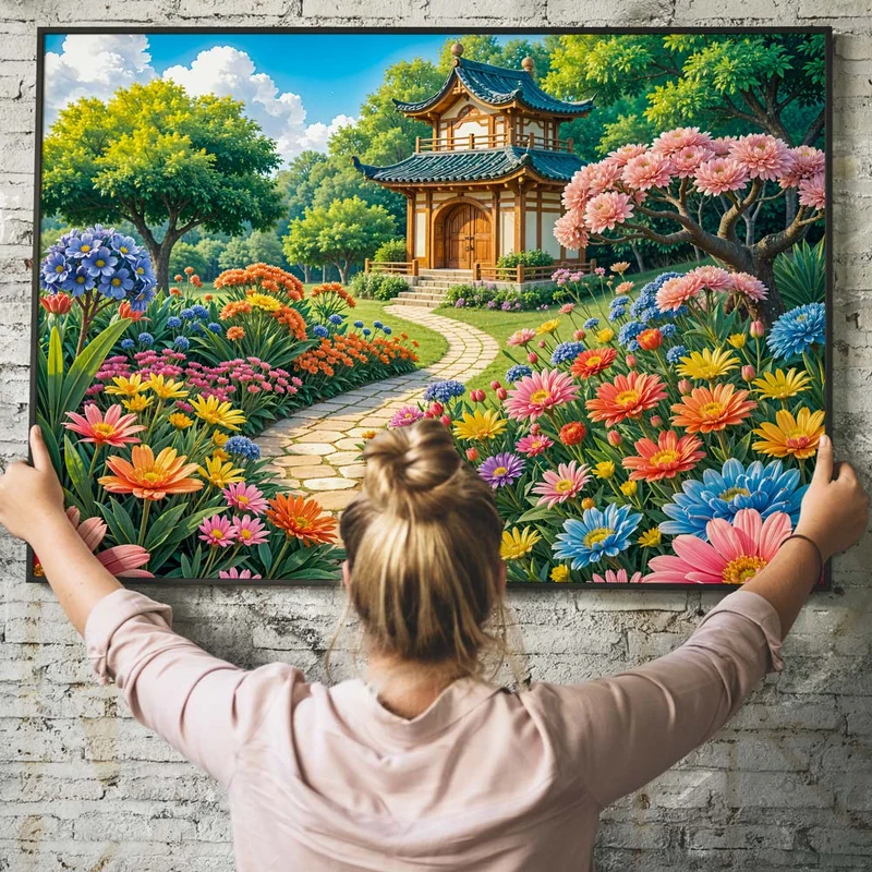 5D Diamond Painting - Blütenpfad zum Tempel