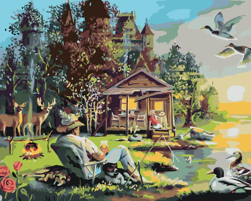 Diamond painting - MANN MIT HUNDEN, DIE AN EINEM SEE ANGELN, HÜTTE, ENTEN UND REH (D. RUSTY RUST)