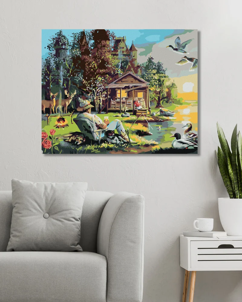 Diamond painting - MANN MIT HUNDEN, DIE AN EINEM SEE ANGELN, HÜTTE, ENTEN UND REH (D. RUSTY RUST)