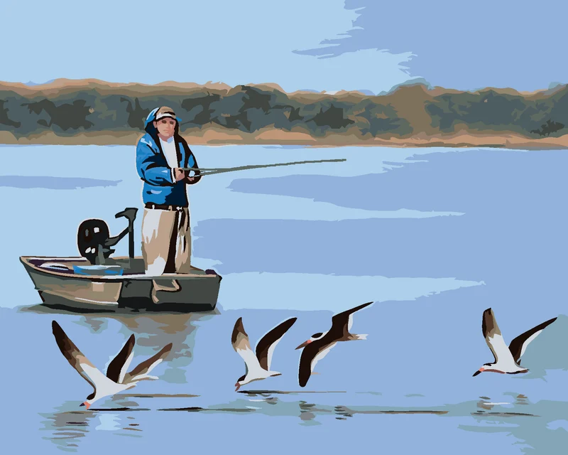 Diamond painting - MANN BEIM FISCHEN AUF DEM BOOT UND MÖWEN (D. RUSTY RUST)