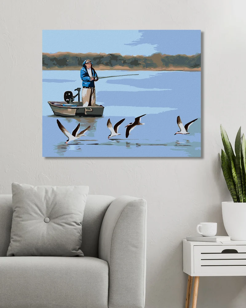 Diamond painting - MANN BEIM FISCHEN AUF DEM BOOT UND MÖWEN (D. RUSTY RUST)