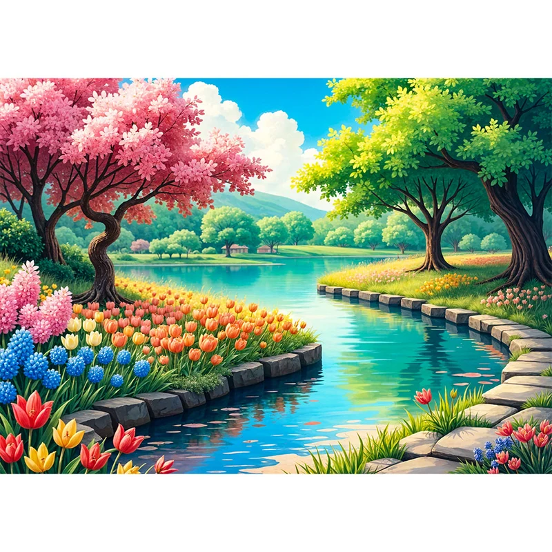 5D Diamond Painting - Frühlingszauber am See
