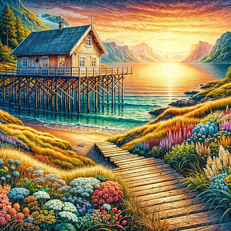 5D Diamond Painting – Sonnenpfad zur Fjordhütte