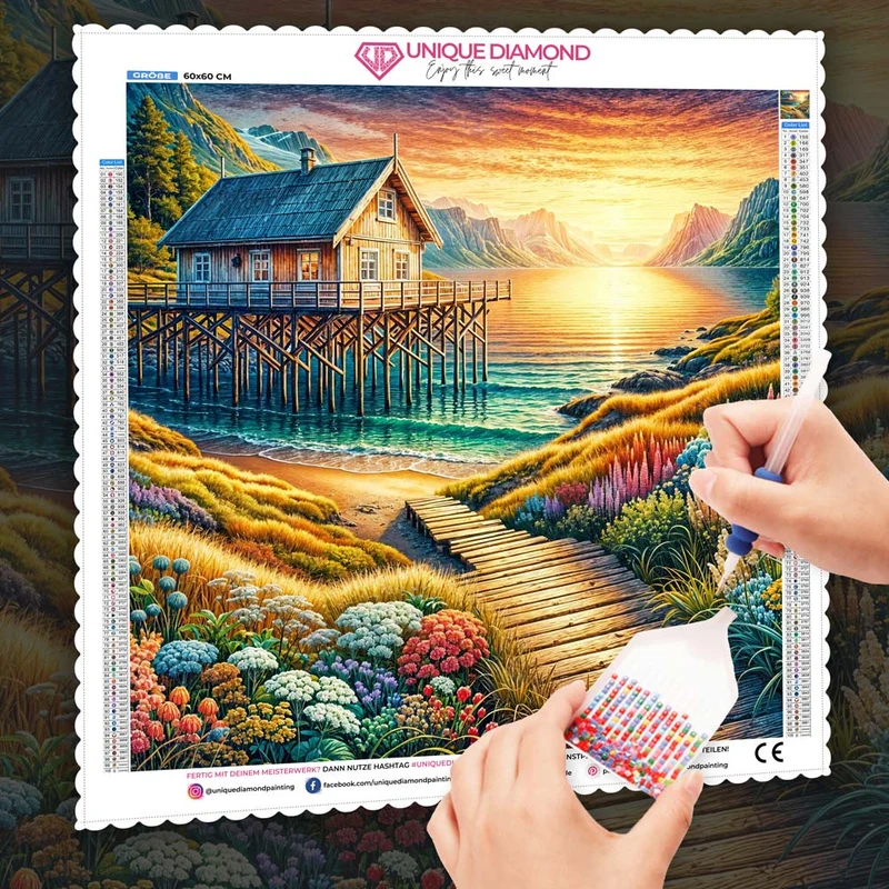 5D Diamond Painting – Sonnenpfad zur Fjordhütte