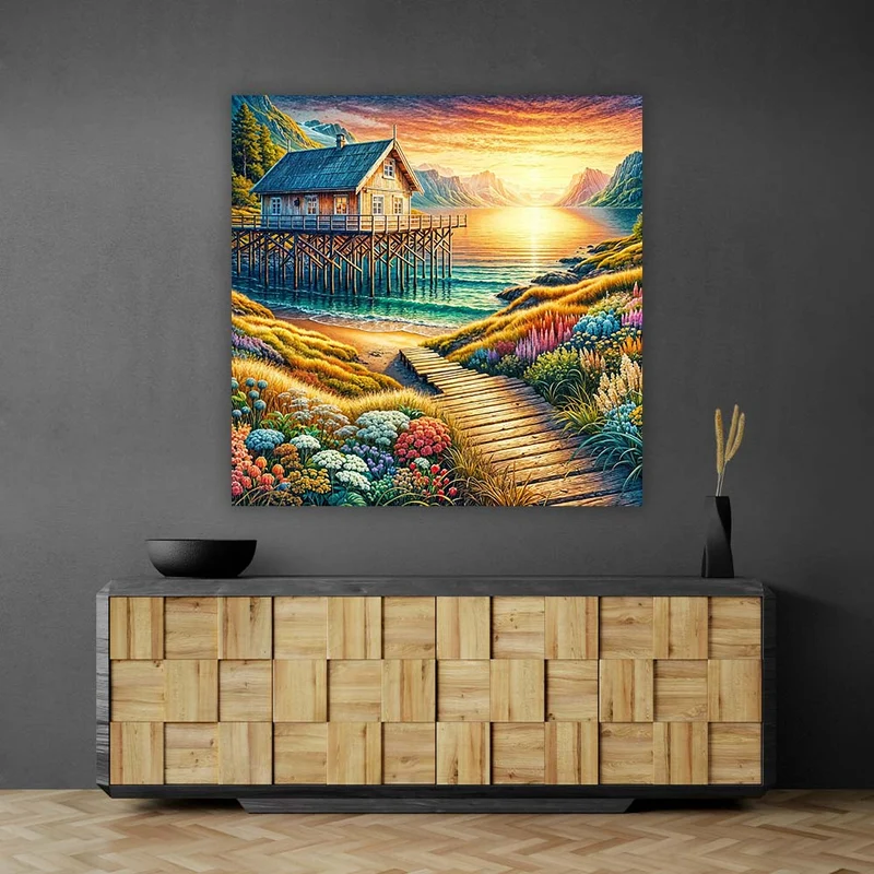 5D Diamond Painting – Sonnenpfad zur Fjordhütte