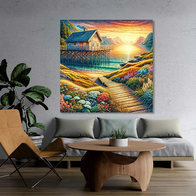 5D Diamond Painting – Sonnenpfad zur Fjordhütte