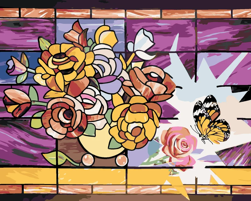 Diamond painting - MOSAIK AUS EINER BLUME IN EINER VASE UND SCHMETTERLING (D. RUSTY RUST)
