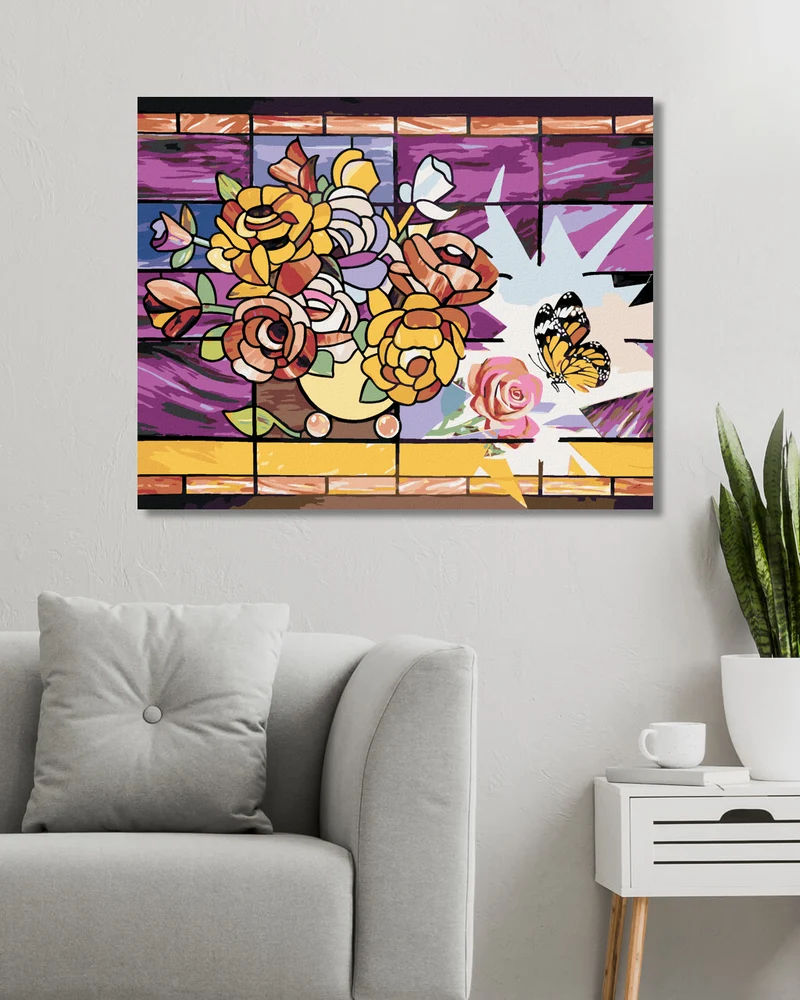 Diamond painting - MOSAIK AUS EINER BLUME IN EINER VASE UND SCHMETTERLING (D. RUSTY RUST)