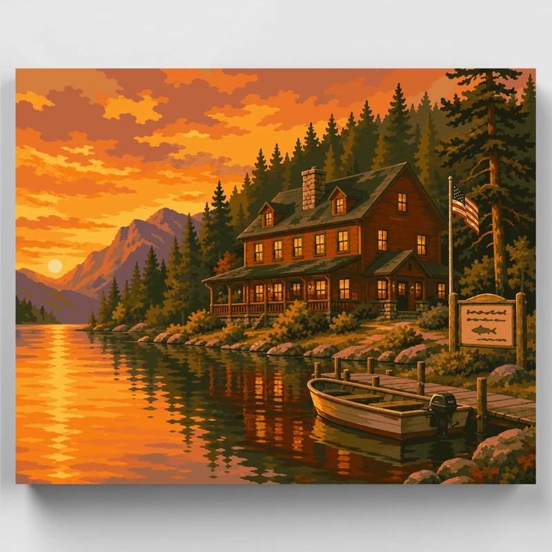 Bass Lake Lodge at Sunset - Paint by Numbers Kit