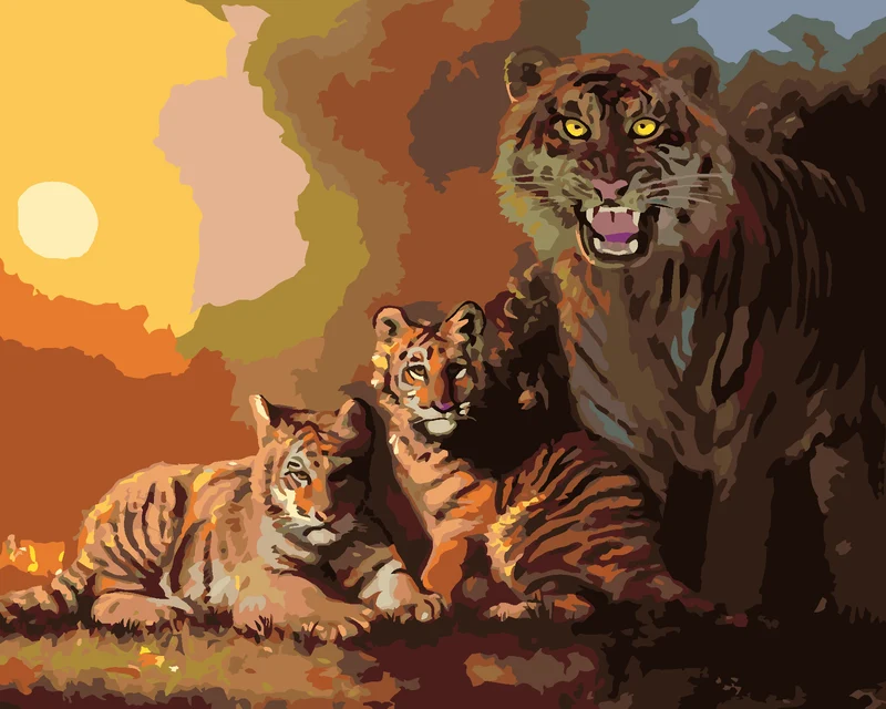 Diamond painting - TIGER MIT JUNGEN UND SONNENUNTERGANG (D. RUSTY RUST)