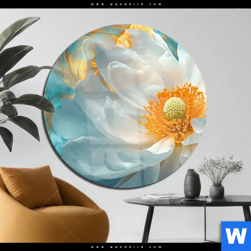 Acrylglasbild | Blüte im goldenen Licht | Rund