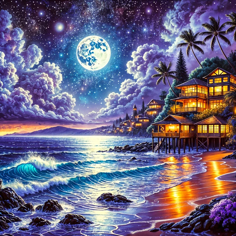 5D Diamond Painting – Vollmond über der Küstenbucht