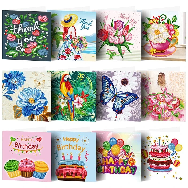 Diamond Painting Grußkarten Mix (12x) – verschiedene Motive DIY