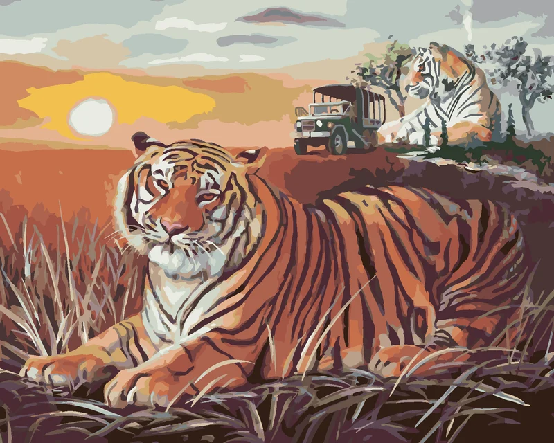 Diamond painting - TIGER UND SONNENUNTERGANG IN DER SAVANNE (D. RUSTY RUST)