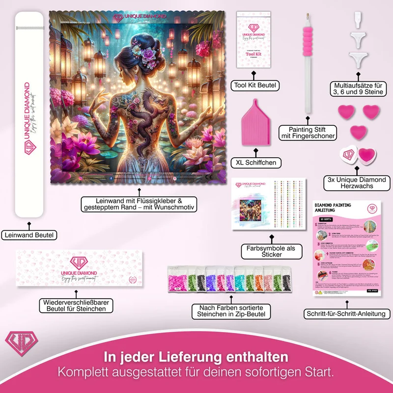 5D Diamond Painting – Drachenlicht im Blütenhain