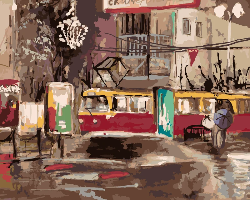 Diamond painting - STRASSENBAHN, DIE BEI NACHT DURCH DIE STADT FÄHRT