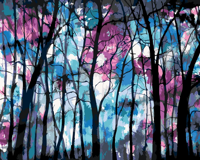 Diamond painting - DUNKLER WALD MIT BLAU-VIOLETTEM HIMMEL