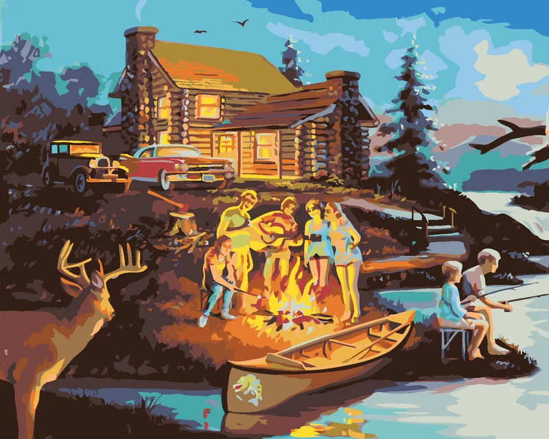 Diamond painting - LAGERFEUER AN DER HÜTTE, HIRSCH UND EULE (D. RUSTY RUST)