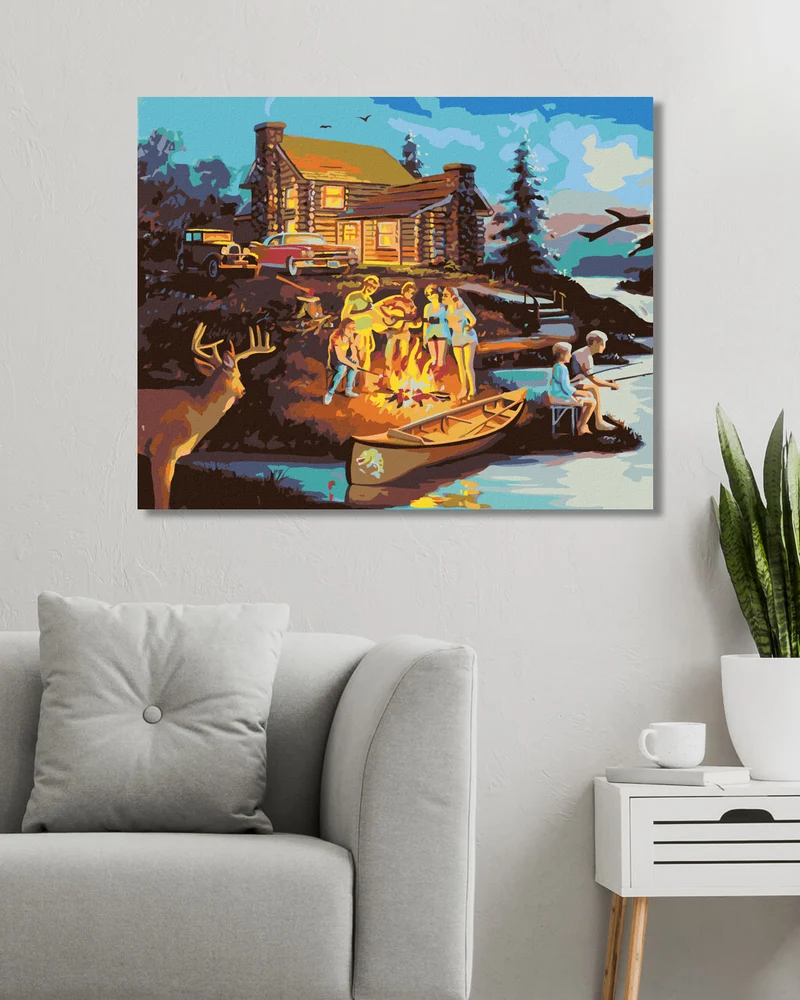 Diamond painting - LAGERFEUER AN DER HÜTTE, HIRSCH UND EULE (D. RUSTY RUST)