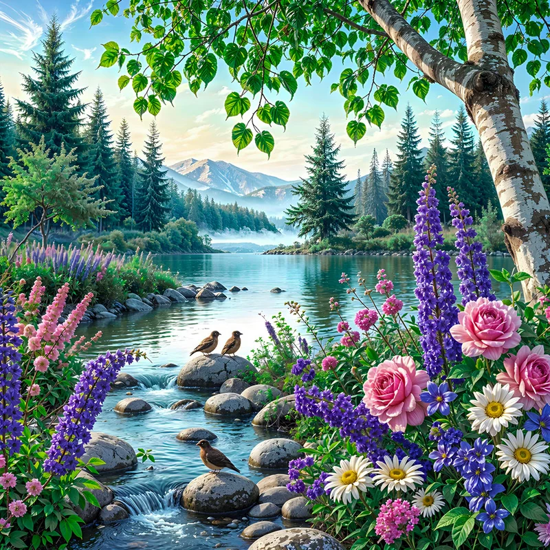 5D Diamond Painting – Morgen am Blütensee