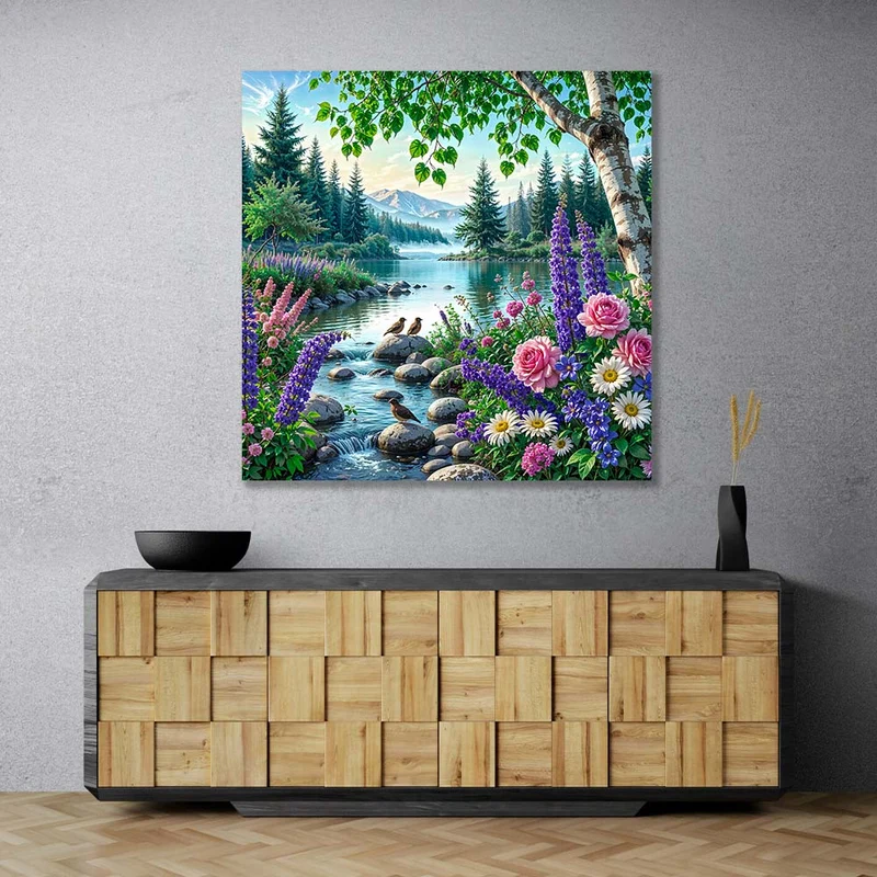 5D Diamond Painting – Morgen am Blütensee