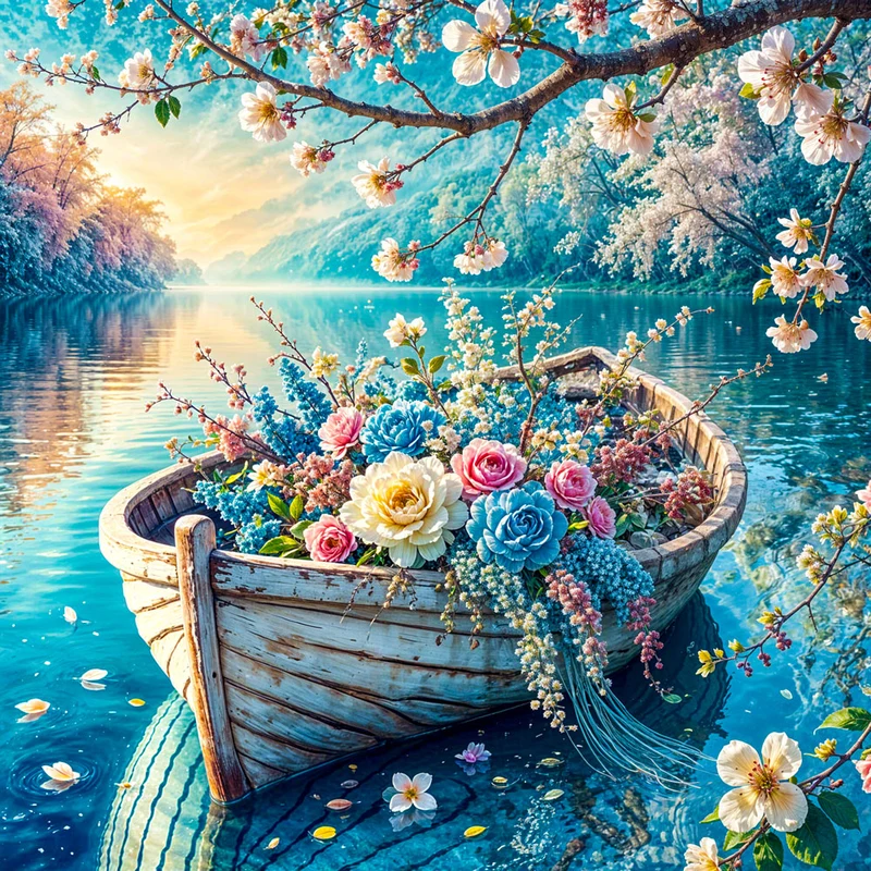 5D Diamond Painting – Blütenboot auf stillem See