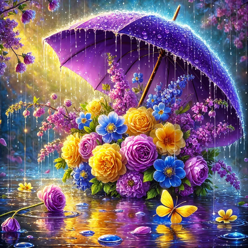 5D Diamond Painting – Blütenschirm im Frühlingsregen