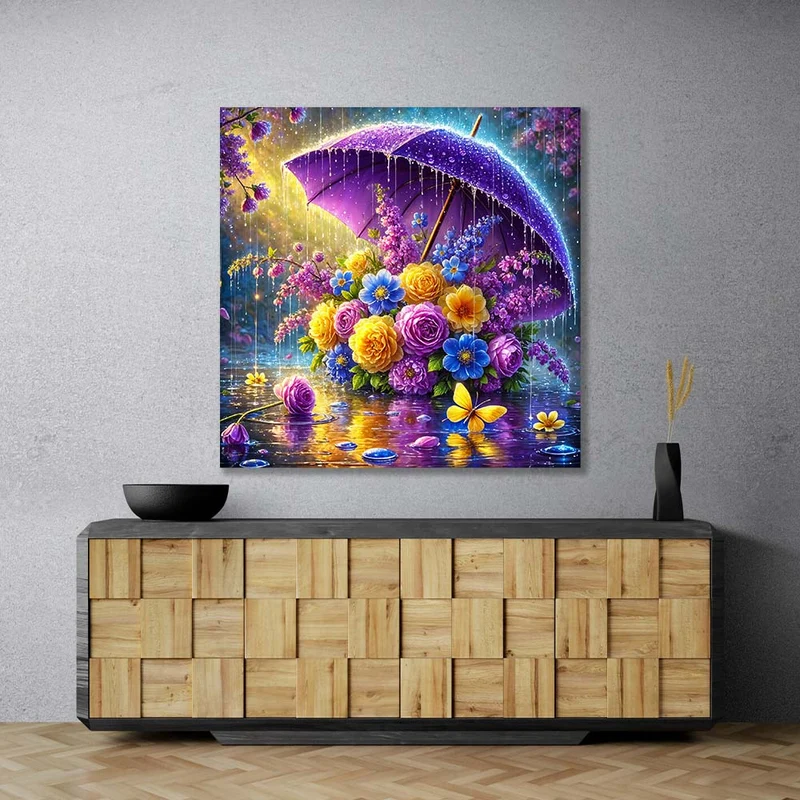 5D Diamond Painting – Blütenschirm im Frühlingsregen