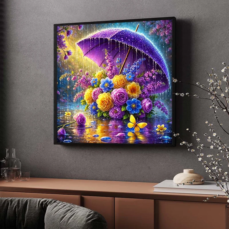 5D Diamond Painting – Blütenschirm im Frühlingsregen