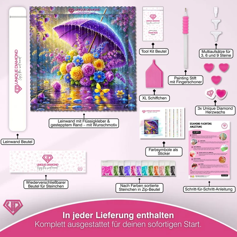 5D Diamond Painting – Blütenschirm im Frühlingsregen