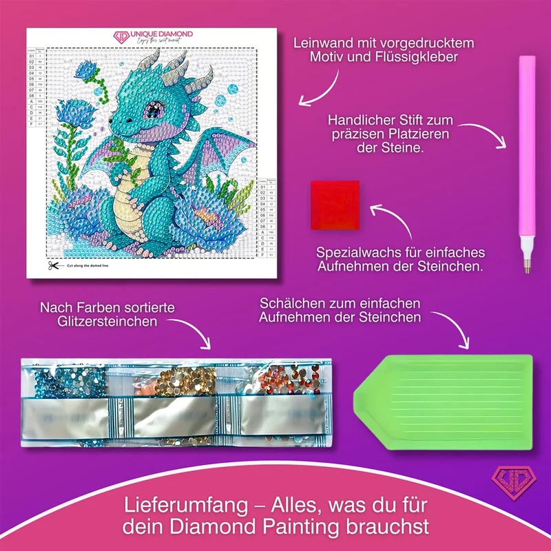 5D Diamond Painting Blüten-Drache Lumi mit Strasssteinchen
