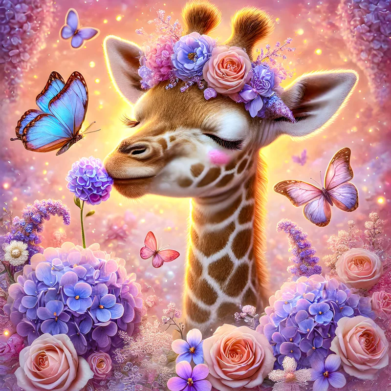 5D Diamond Painting – Giraffenpoesie im Blütenzauber