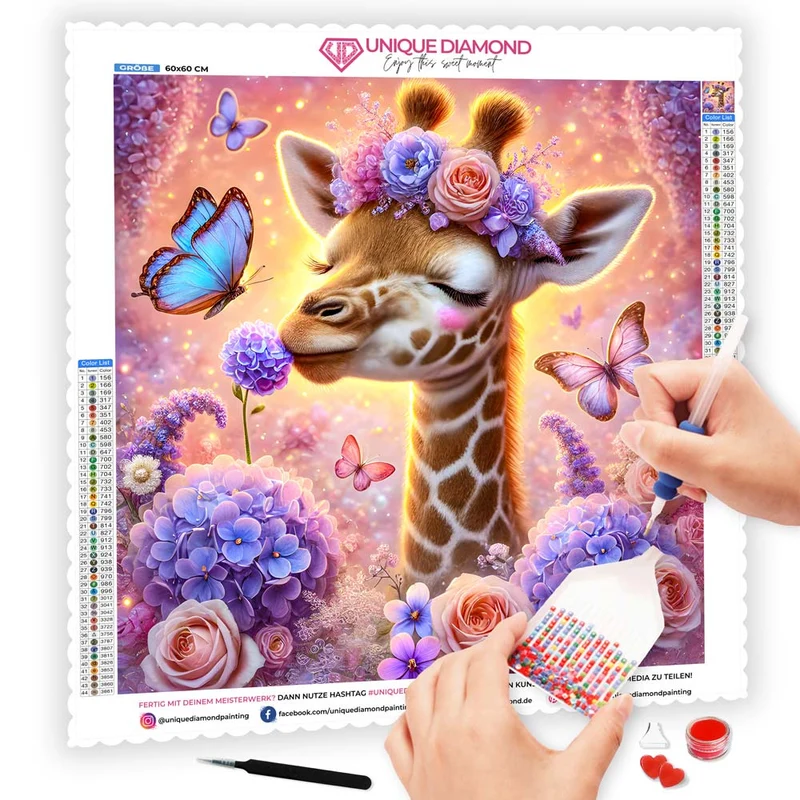 5D Diamond Painting – Giraffenpoesie im Blütenzauber