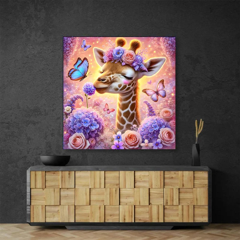 5D Diamond Painting – Giraffenpoesie im Blütenzauber