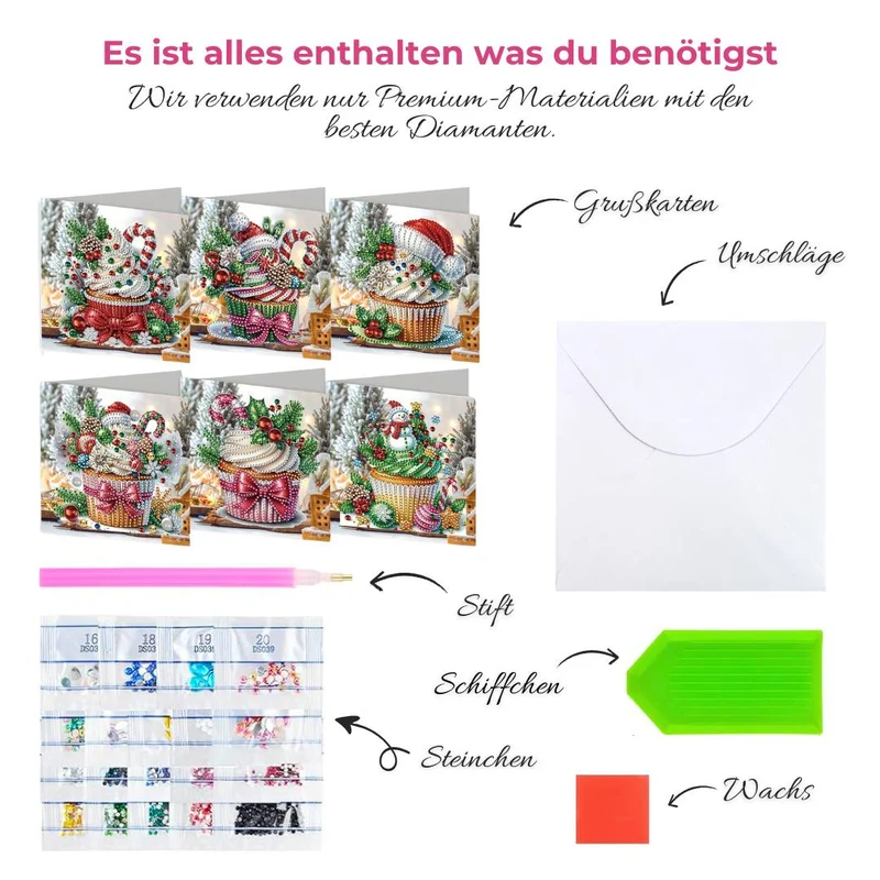5D Diamond Painting Grußkarten – Weihnachtliche Cupcake 6 Stück