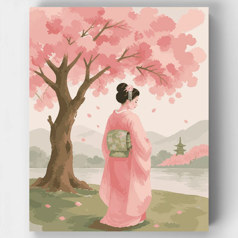 Geisha Under Cherry Blossoms - Paint by Numbers Kit