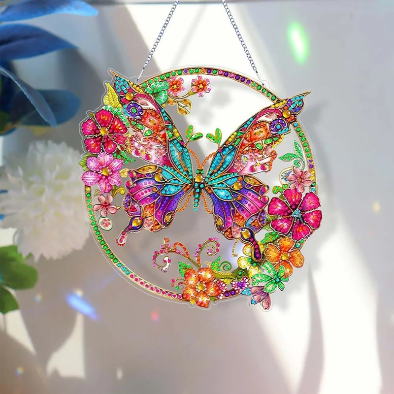 5D Diamond Painting Wandanhänger – Farbenflügel im Blütenkreis