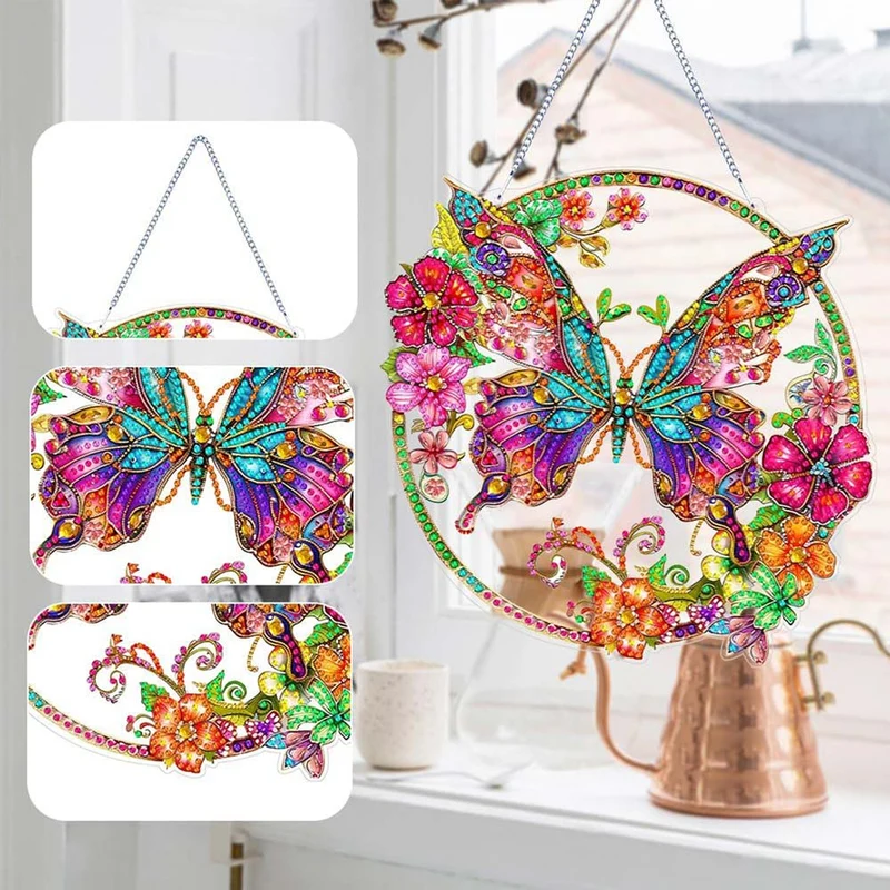 5D Diamond Painting Wandanhänger – Farbenflügel im Blütenkreis