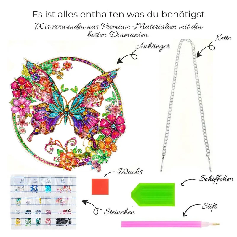 5D Diamond Painting Wandanhänger – Farbenflügel im Blütenkreis