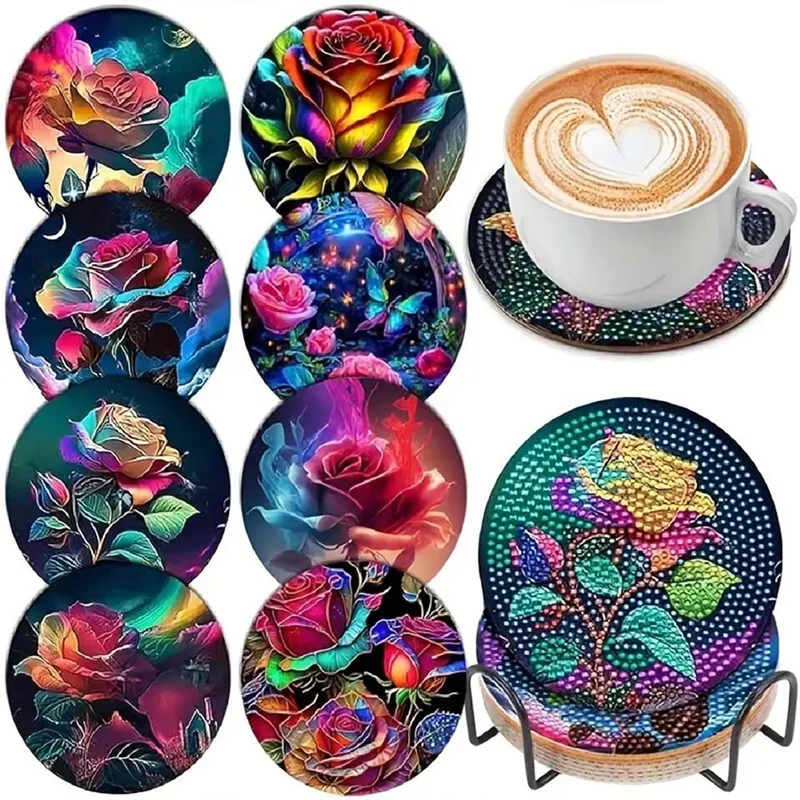 5D Diamond Painting Untersetzer Regenbogen Rosen