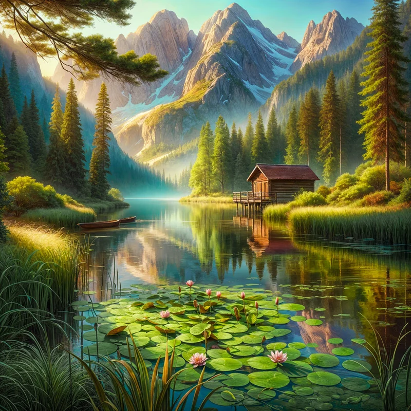 5D Diamond Painting – Seehütte am Morgen