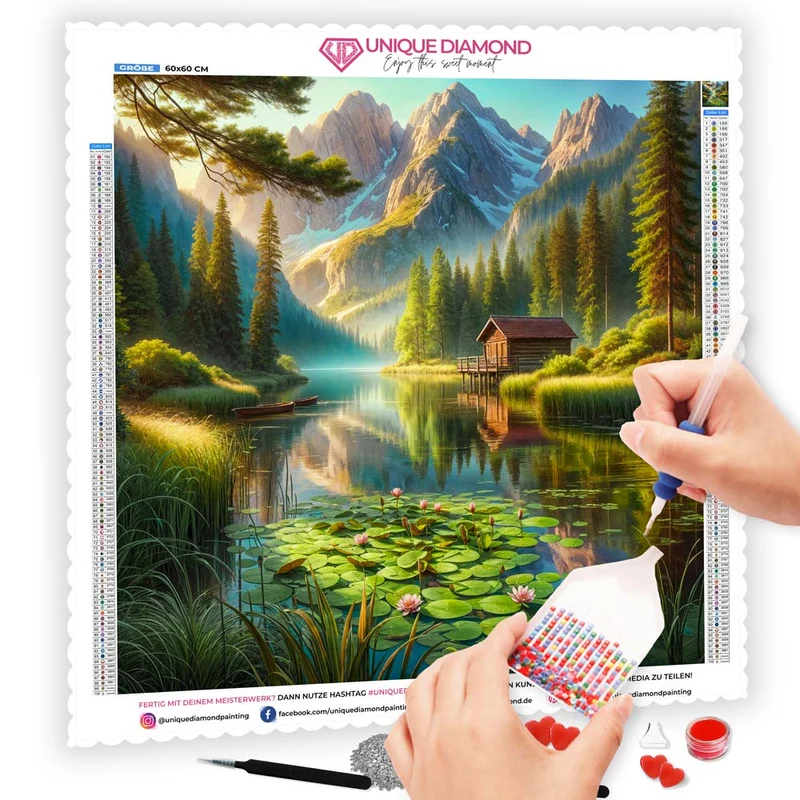 5D Diamond Painting – Seehütte am Morgen