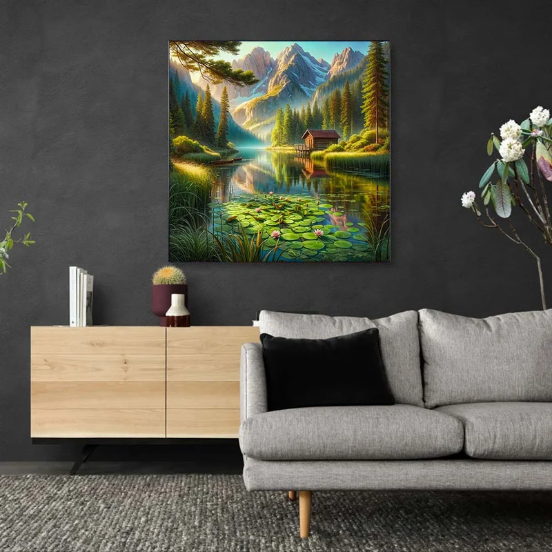 5D Diamond Painting – Seehütte am Morgen