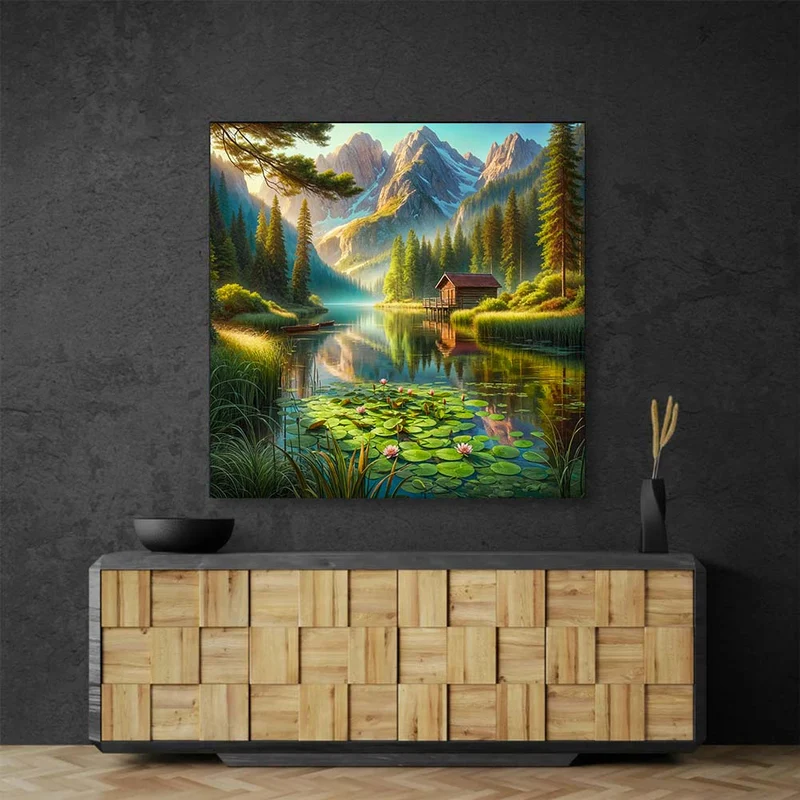 5D Diamond Painting – Seehütte am Morgen