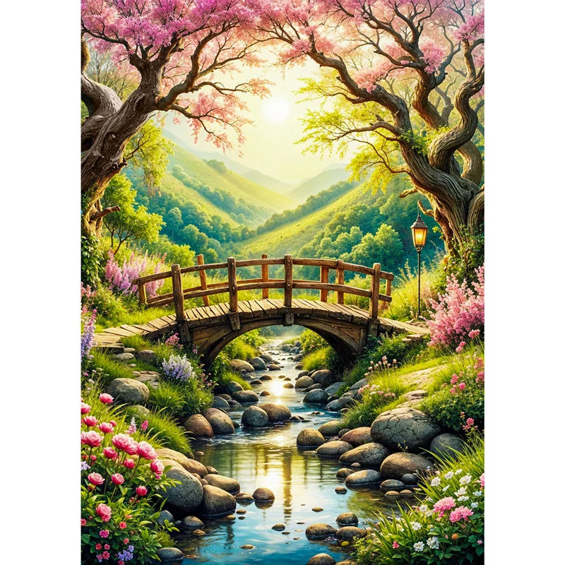 5D Diamond Painting – Zauberbrücke im Blütental