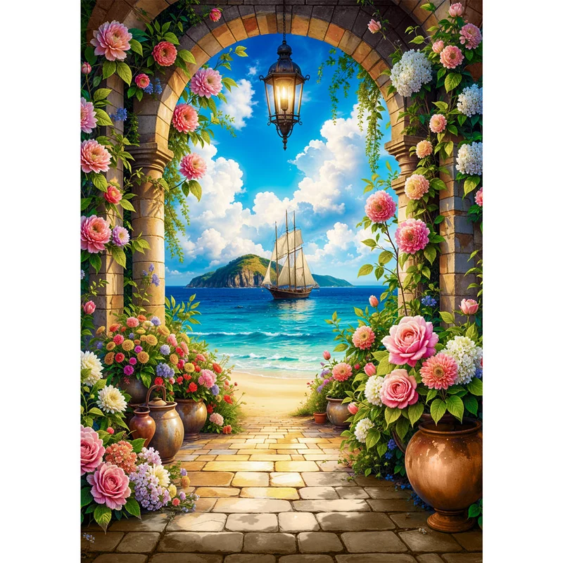 5D Diamond Painting – Blumenbogen am Meer