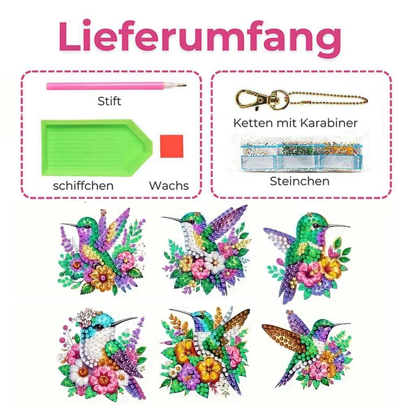 5D Diamond Painting Anhänger – Kolibri-Wunder im Blumenmeer 6 Stück