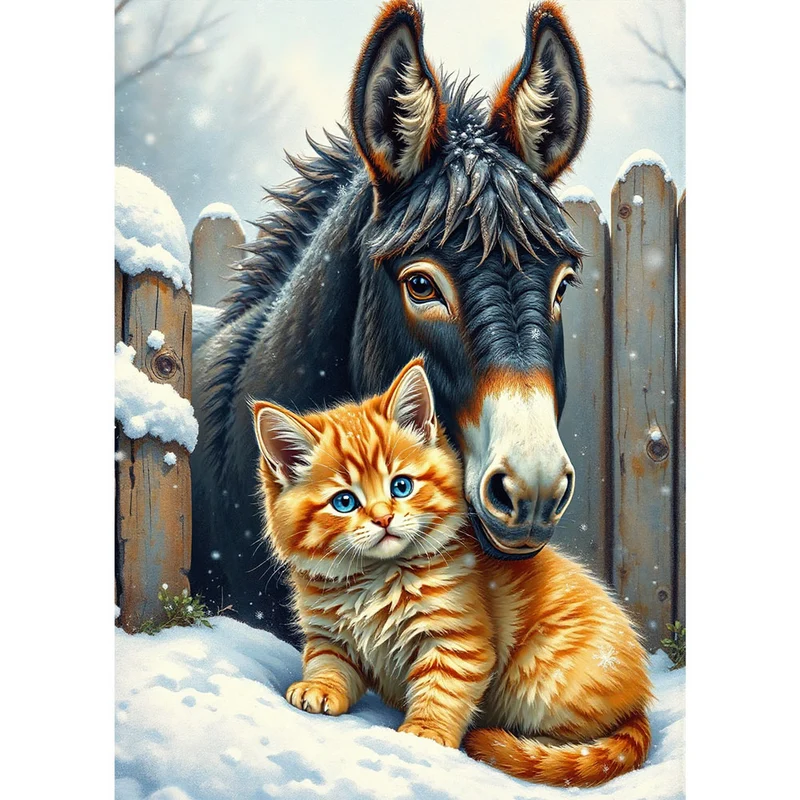5D Diamond Painting – Winterfreunde: Esel & Kätzchen