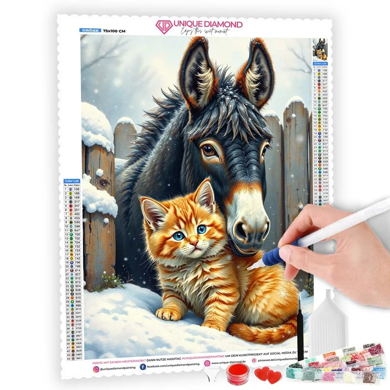 5D Diamond Painting – Winterfreunde: Esel & Kätzchen